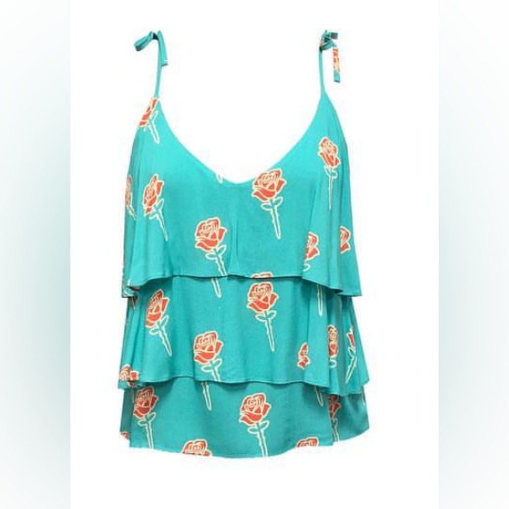 B. Yellowtail Women’s Tiered Floral Tank Top - Teal with Coral Roses